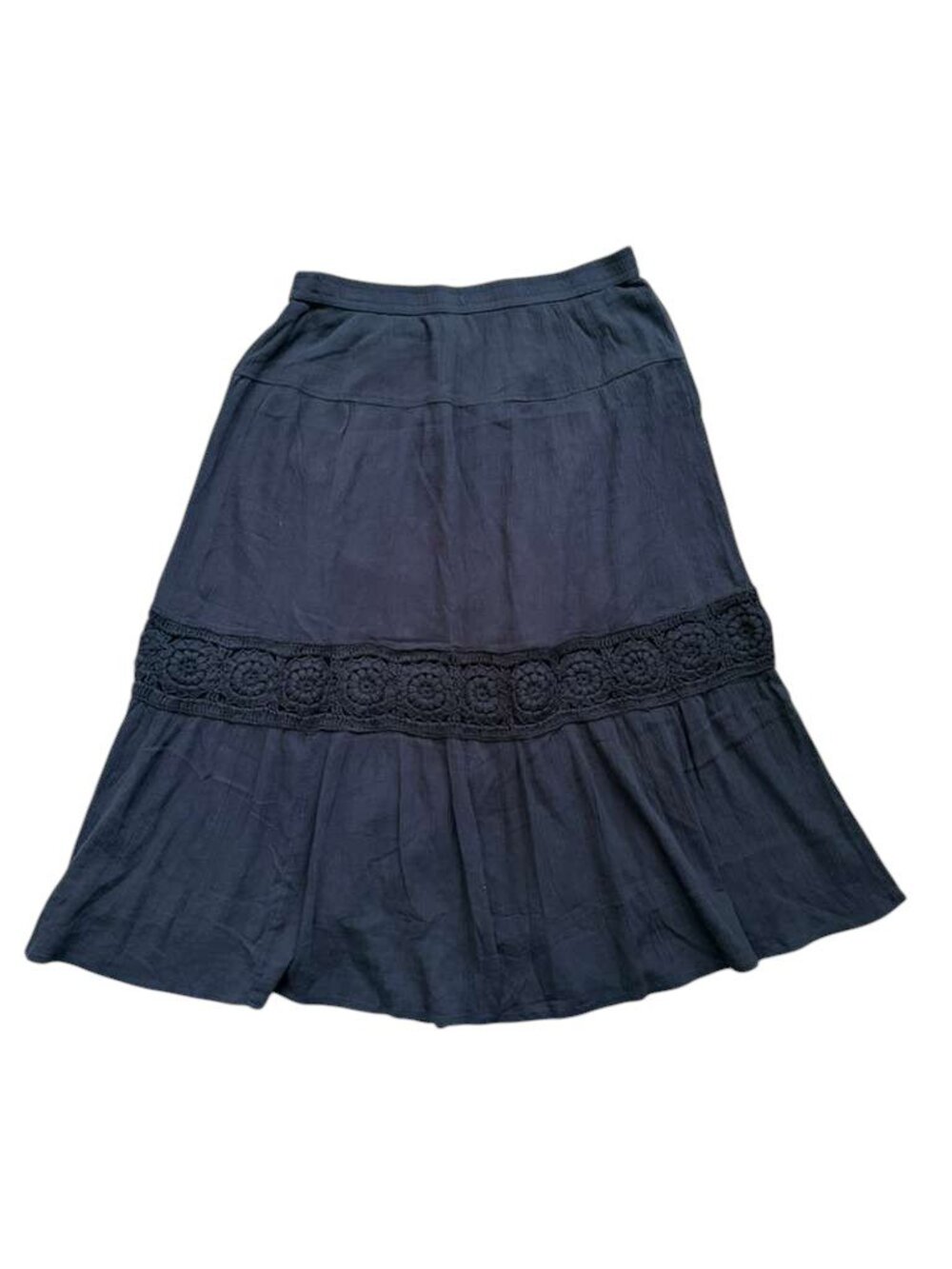 Lucky Brand Womens S Petite Navy Cotton Midi Skirt Crochet Lace Boho Ruffle.